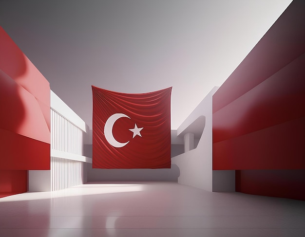 3D render of a minimalist Turkish flag seamlessly integrated into a modern architectural structure