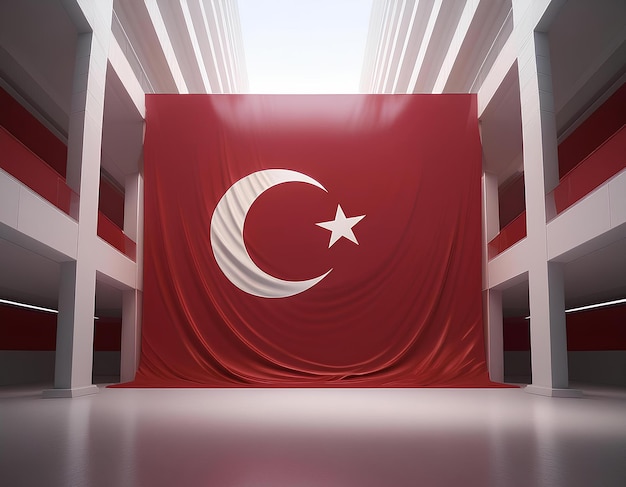 3D render of a minimalist Turkish flag seamlessly integrated into a modern architectural structure