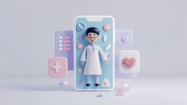 Photo a 3d render of a mobile healthcare application interface with a friendly doctor character