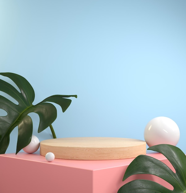 3D Render Mockup Wood Podium Pink And Blue Background