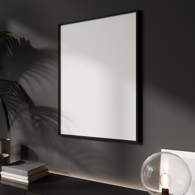 3d render of a modern black mockup interior with frame on an empty wall and decoration 3d rendering