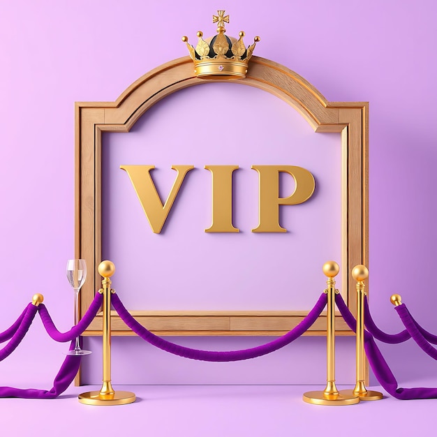 Photo 3d render of modern blank wooden sign board vip sales crowns velvet ropes champagne glasses main ob