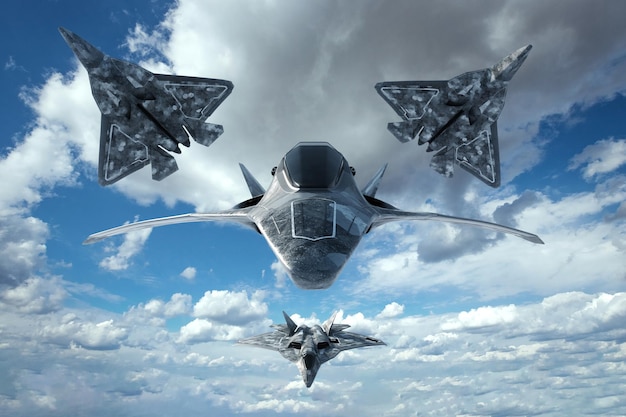 3D render of a Modern Combat 5th or 6th generation fighter aircraft against a blue sky Combat aviation Air Force new technologies photorealistic graphics mixed media