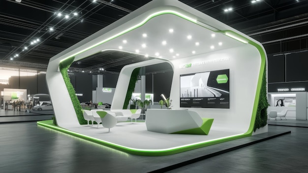 3d render of modern exhibition hall with green and white reception desk