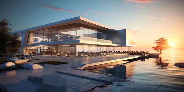 3d render of modern house exterior with swimming pool and sunset sky