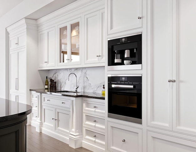 3d render modern kitchen with white wooden cabinet and table interior