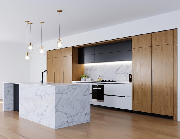 3d render modern kitchen with wooden cabinet and marble table design interior