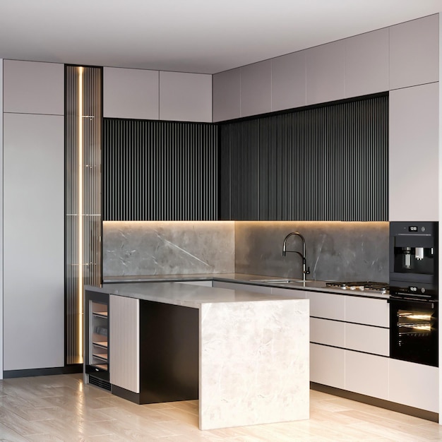 3d render modern luxury kitchen furniture interior design