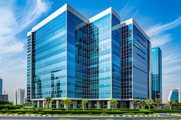 3d render of modern skyscrapers in city with blue sky