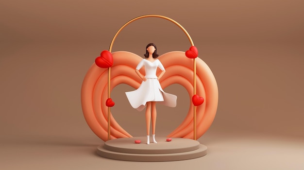 3D Render Modern Young Girl Character Standing On Stage And Heart Shapes Happy Women's Day Concept