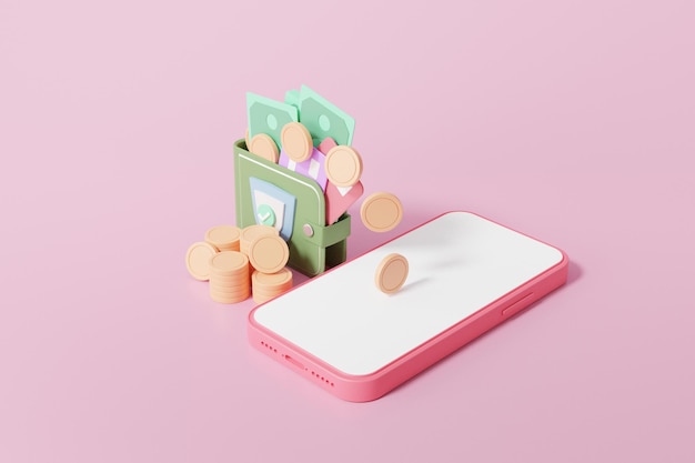 3D render money wallet and smartphone isometric technology security concept coins debit credit card Finance saving online Payment transfer on pink background banner illustration