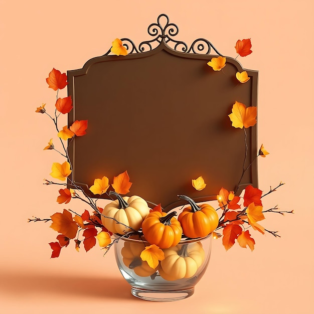 Photo 3d render of moroccan blank metal sign board mini pumpkins fall le inspired floral decorationsa