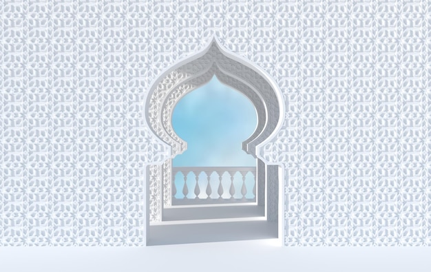 3d render mosque element in ornate arabic Islamic architecture style Sun and sky Ramadan Kareem