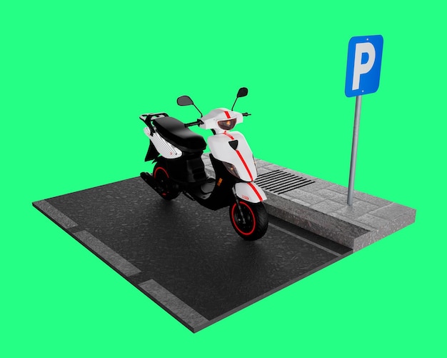 3d render of motorcycle scene in realistic parking area, isometric concept