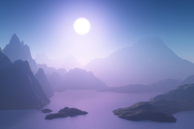 3D render of a mountain landscape against a sunset sky