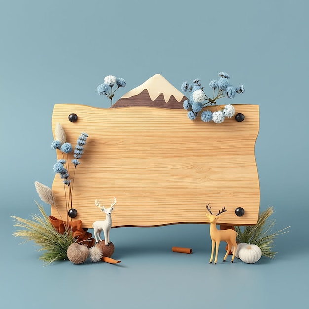 3D Render of Mountain Themed Blank Wooden Sign Board Dried Eryngium Pampas Grass Cute Deer Figurines