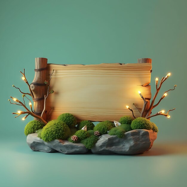 Photo 3d render of mountain themed blank wooden sign board moss lichen t inspired floral decorationsw