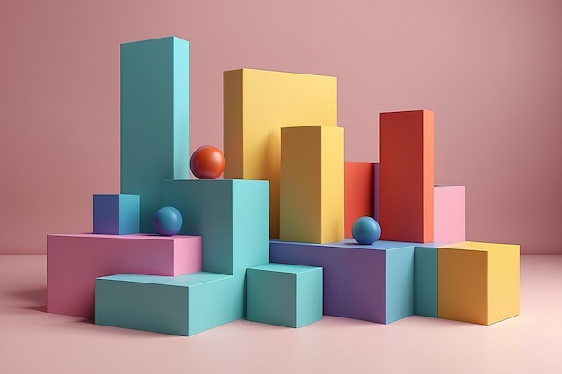 3d render of multicolored geometric shapes with podium