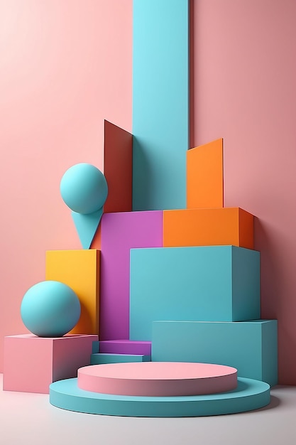 3d render of multicolored geometric shapes with podium