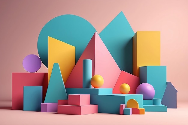 3d render of multicolored geometric shapes with podium