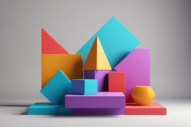 3d render of multicolored geometric shapes with podium