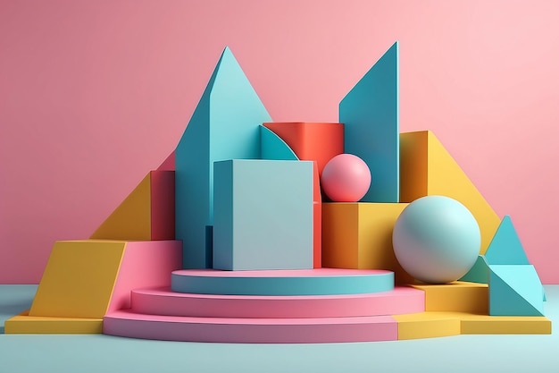 3d render of multicolored geometric shapes with podium