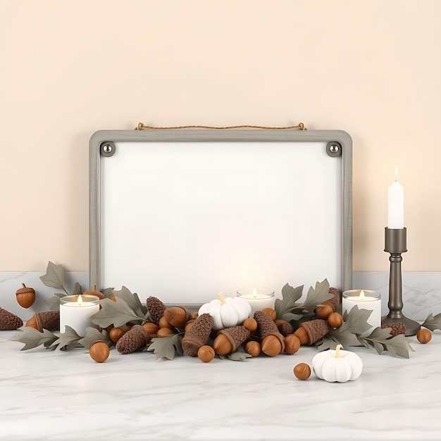 3D Render of Nautical Blank Metal Sign Board Acorns Oak Leaves Small Pumpkins Votive Candles Spread