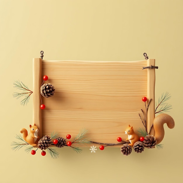 3D Render of Nautical Blank Wooden Sign Board Pinecones Twigs Berr Inspired Floral Decorationsi