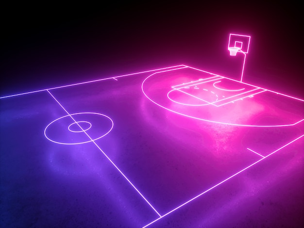 3d render of neon basketball field scheme angle side view virtual sport playground