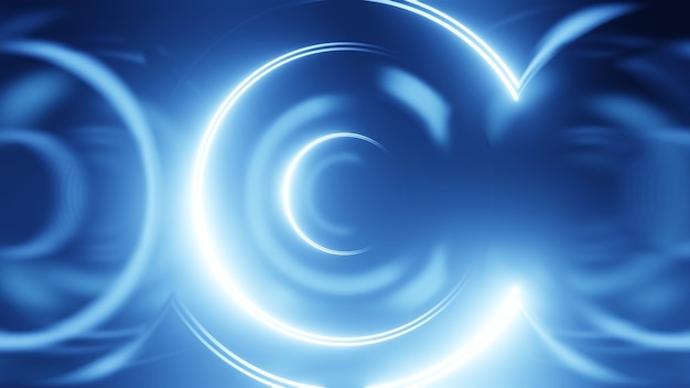 3D render neon circle. Blue neon circles abstract futuristic hi-tech background.