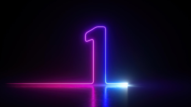 3d render neon number one glowing in the dark with ultraviolet light pink blue gradient laser ray