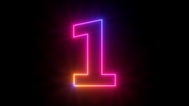 3d render neon number one glowing with gradient colors isolated on black background