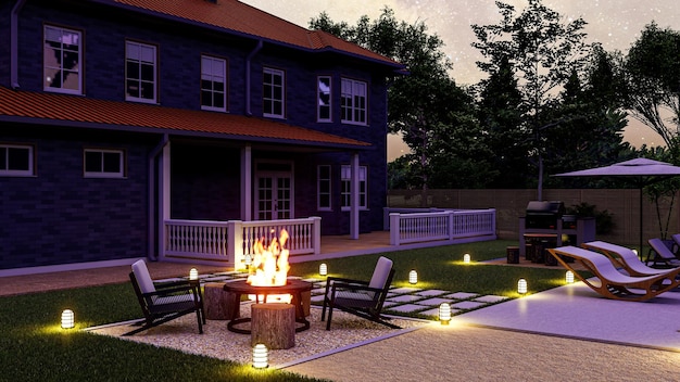 3D render of a night backyard with a rectangular pool, fire pit, kitchen, and outdoor  lighting