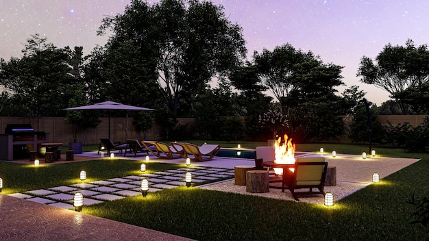 3D render of a night backyard with a rectangular pool, fire pit, kitchen, and outdoor  lighting