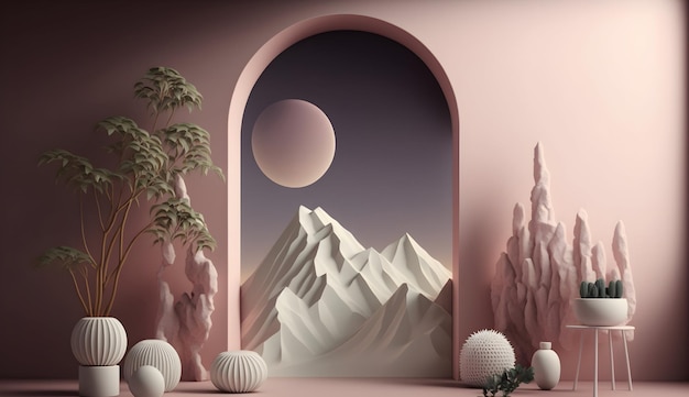 3D Render of Nighttime Scandinavian Room with Far Away Mountainous Landscape Background