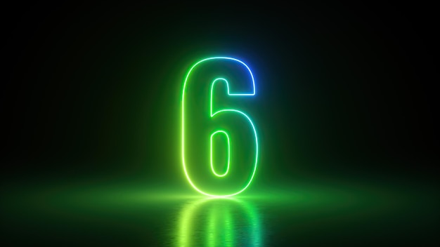 Photo 3d render number six glowing in the dark with green blue neon light