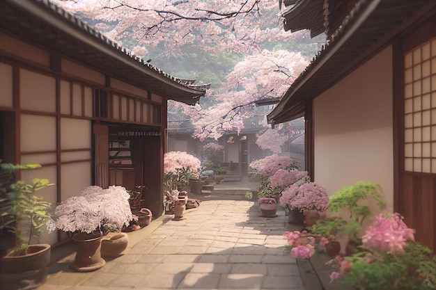 3D render of Old town Japan with cherry blossom trees