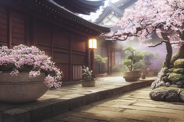 3D render of Old town Japan with cherry blossom trees