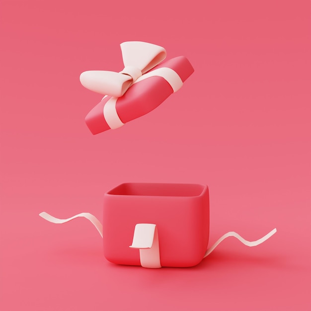 3d render of open pink gift box with ribbons isolated on pastel background,valentine's day sale concept,minimal style.