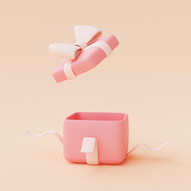 3d render of open pink gift box with ribbons isolated on pastel background,valentine's day sale concept,minimal style.