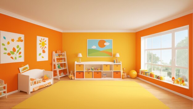 3d render of orange baby room interior with crib and toys