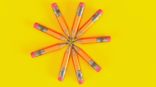 3D render of Orange pencils isolated on a yellow background