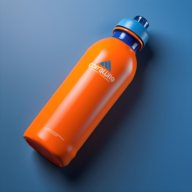 3d render of orange sport bottle with blue cap on blue background