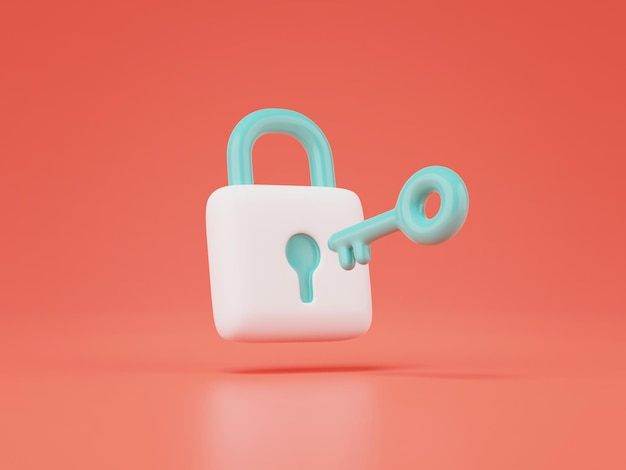 3d render of padlock with key isolated on red