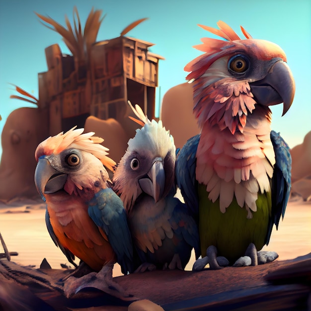 3D render of parrots sitting on a wooden table in the desert