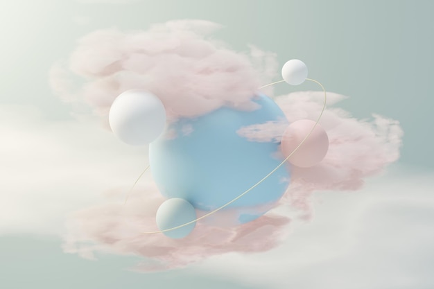 3d render of pastel ball, soaps bubbles, blobs that floating on the air with fluffy clouds and ocean. Romance land of dream scene. Natural abstract dreamy sky.