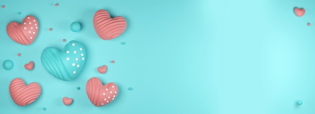 3D Render Pastel Blue And Red Heart Shapes Circles And Copy Space