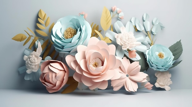 3d render pastel paper flowers botanical design corner element Generative Ai