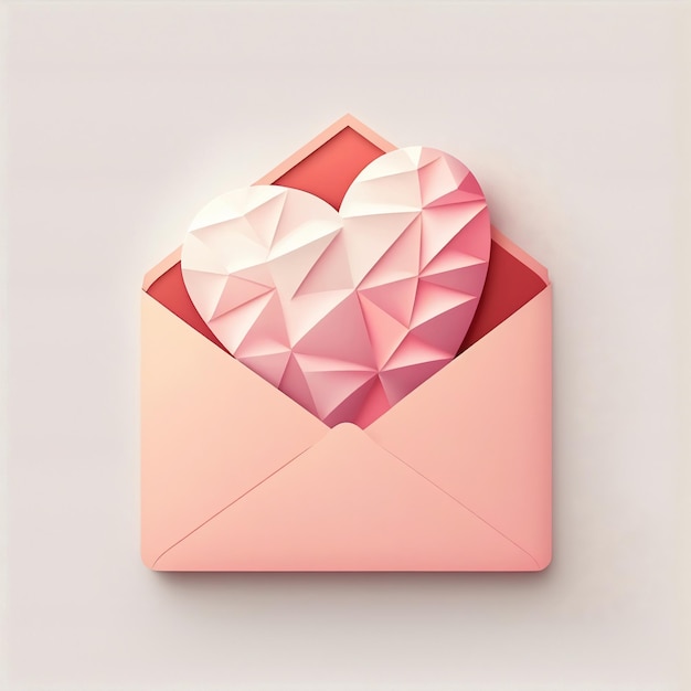 3D Render Pastel Red Paper DIY Geometric Heart Inside Envelope