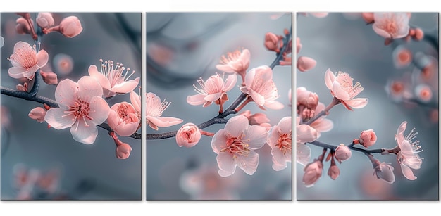 3d render of peach blossom flowers in soft pastel colors on dark background three panel triptych